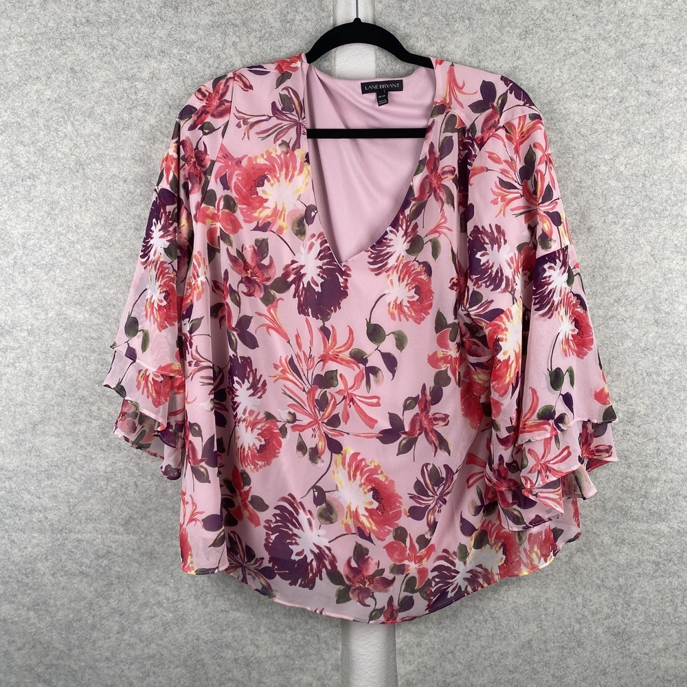 Lane Bryant Blouse Womens 18/20 Plus Pink Floral V Neck Kimono Sleeve Tunic